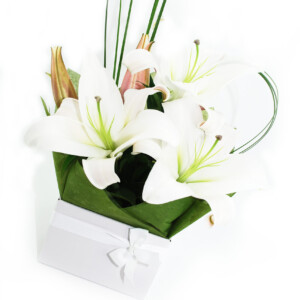 White Oriental lily box arrangement.