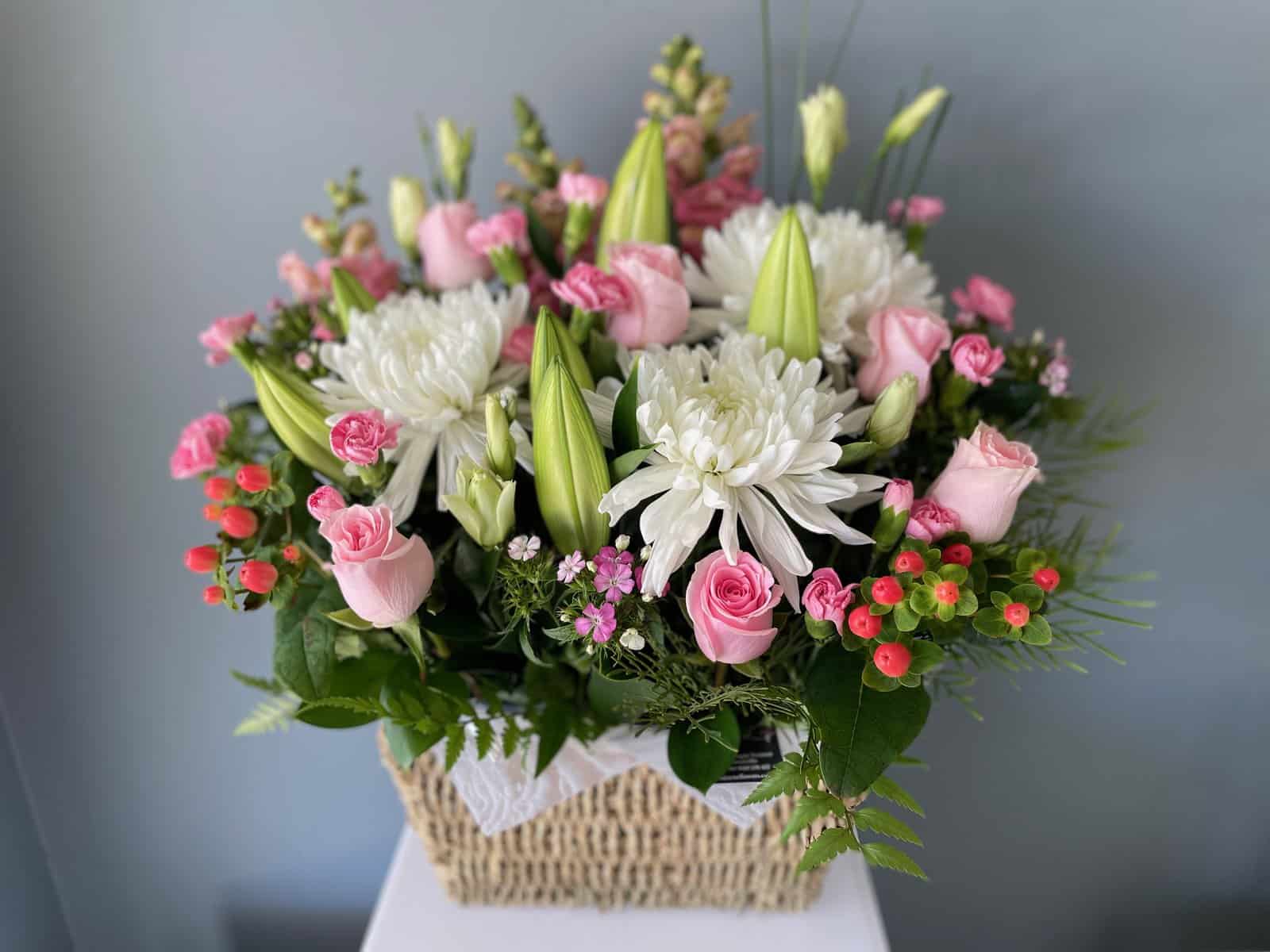 Pink and White flower Basket Noosa Florists