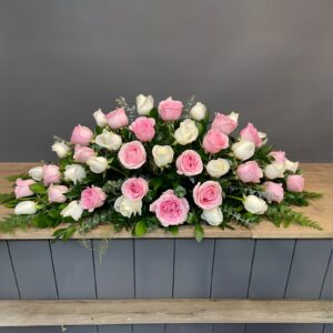 Pretty Pink and White Rose Casket Spray