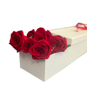 6 long red roses presented in a beutiful roses box.